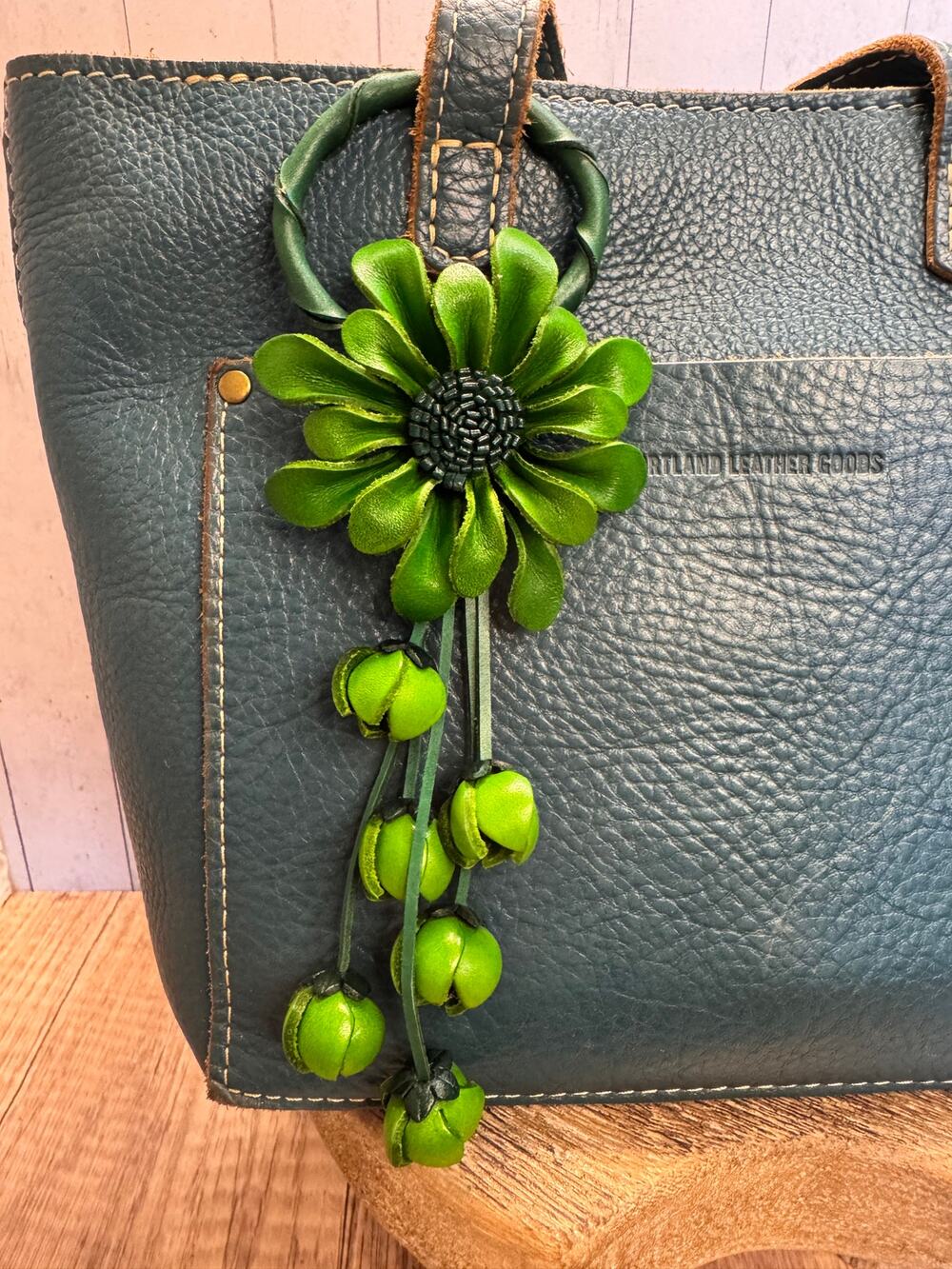 Green Flower Leather Purse Charm Genuine Leather Green Bag Charm FAST SHIP